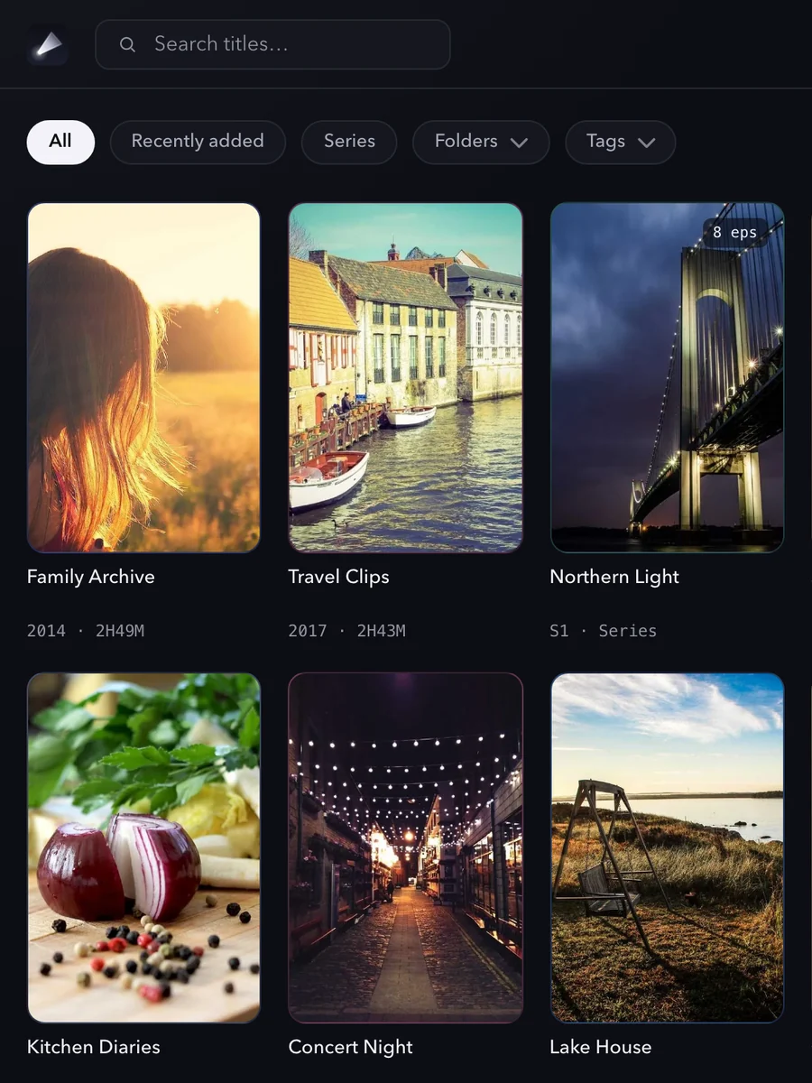 The Reelloft desktop library: search, filters and a poster wall of titles from your folder.